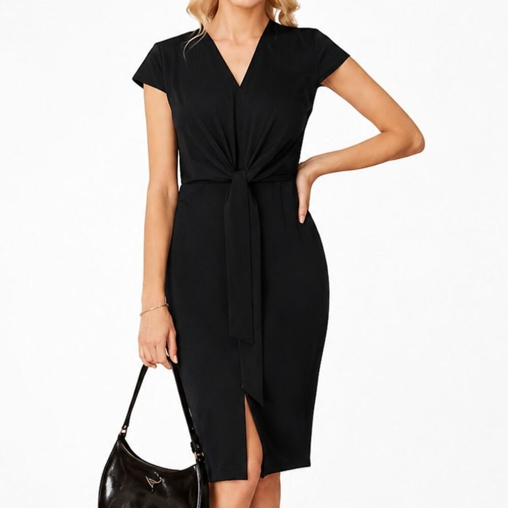 Grace Karin Dress Womens M Black V Neck Tie Front Cap Sleeve Knee Length NWT